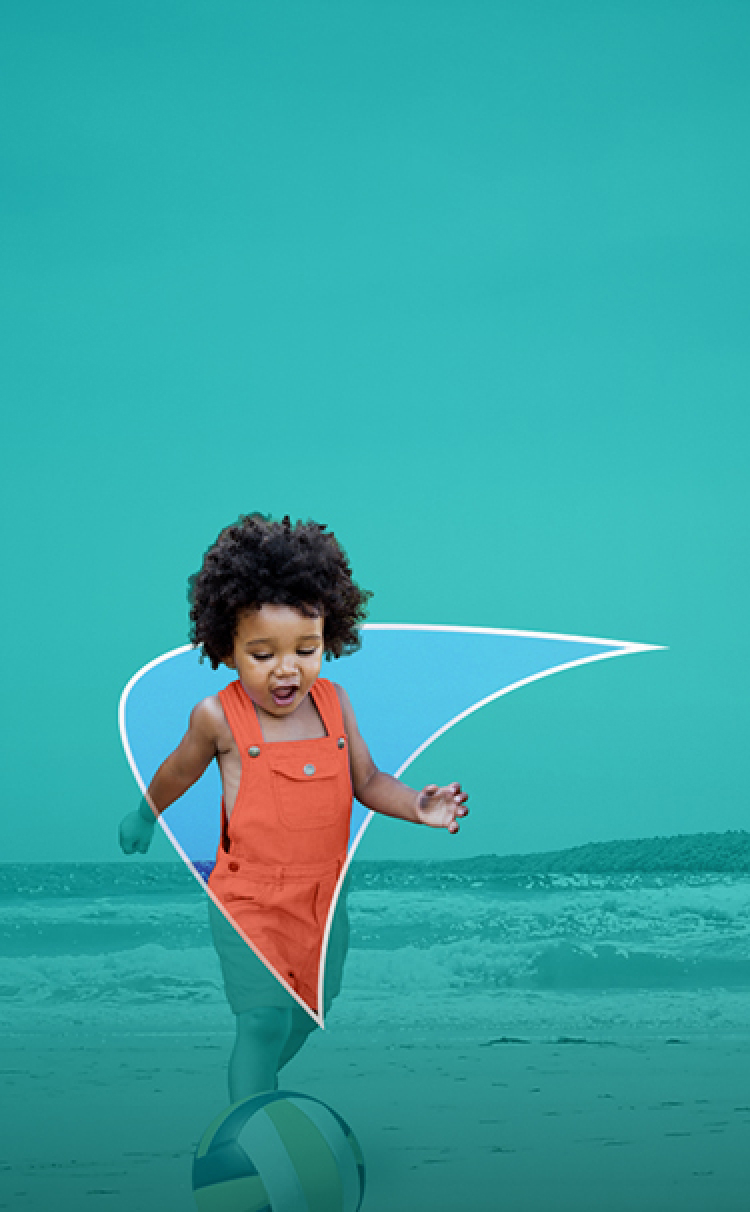 Picture of a little girl kicking a ball on the beach. An outline of a liver shape appears behind her.