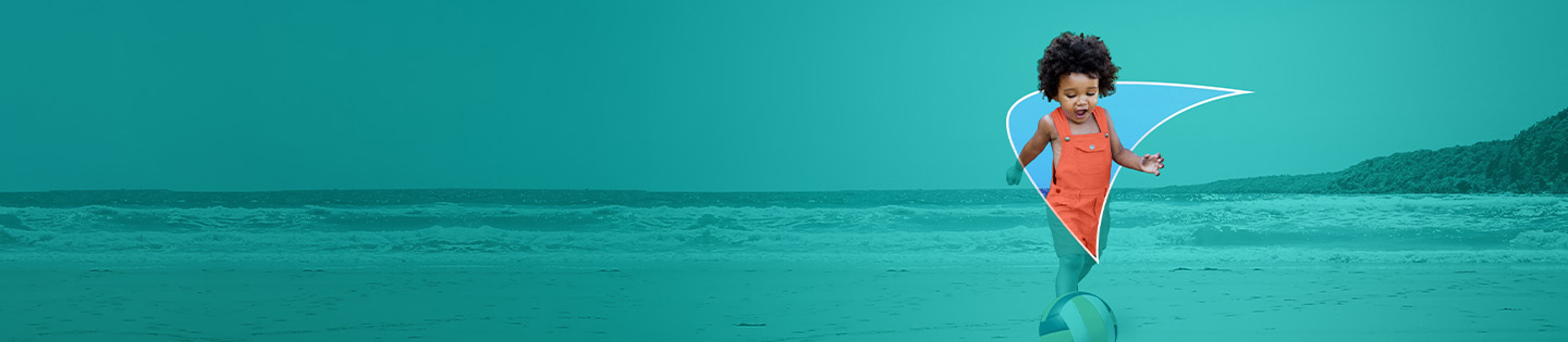 Picture of a little girl kicking a ball on the beach. An outline of a liver shape appears behind her.