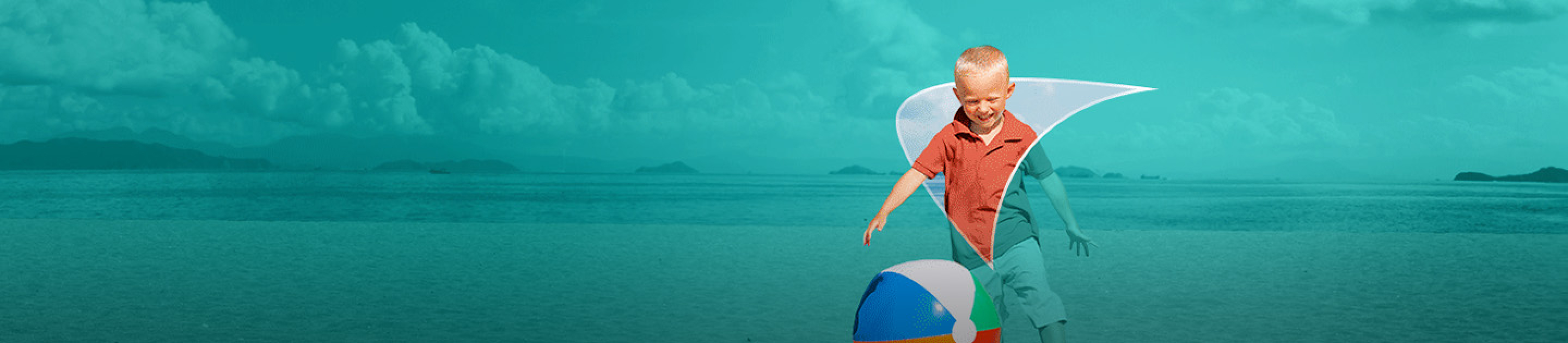 Picture of a little boy playing with a beach ball. A liver shape appears behind him.