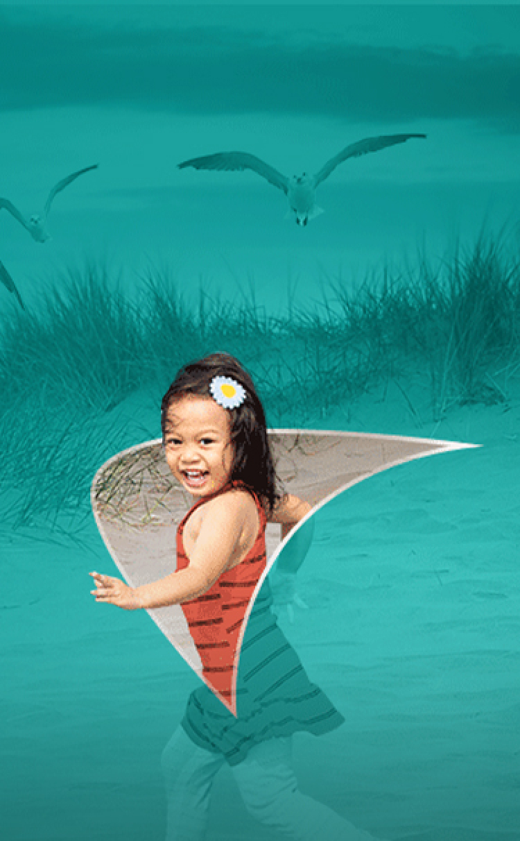Image of a little girl running on the beach. A liver shape appears behind her.