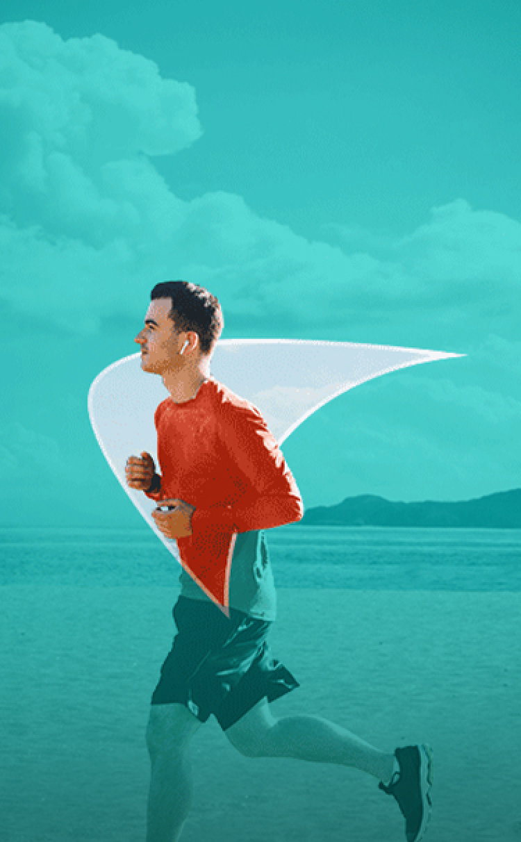 Picture of a young man running. A liver shape appears behind him.