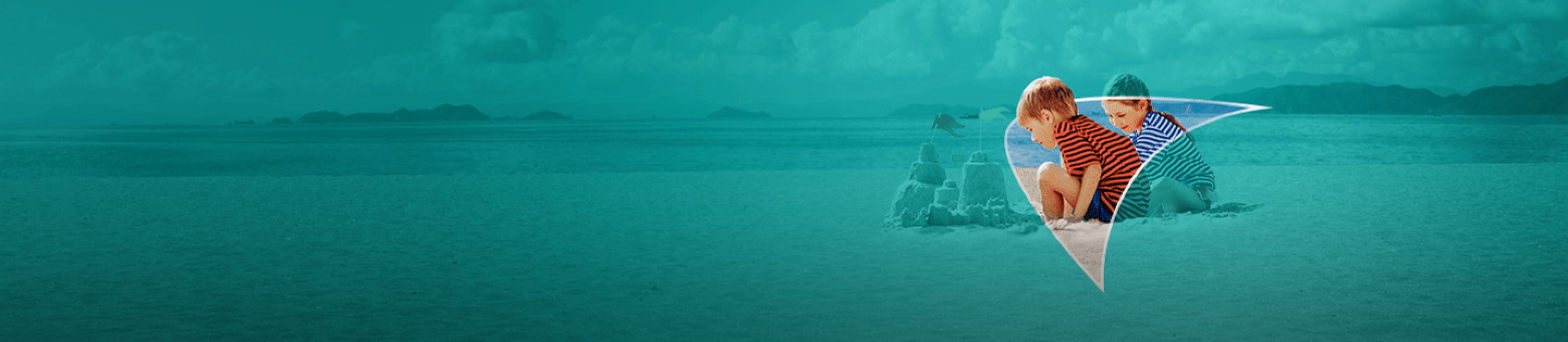 Picture of 2 children making a sandcastle on the beach. A liver shape appears behind them.
