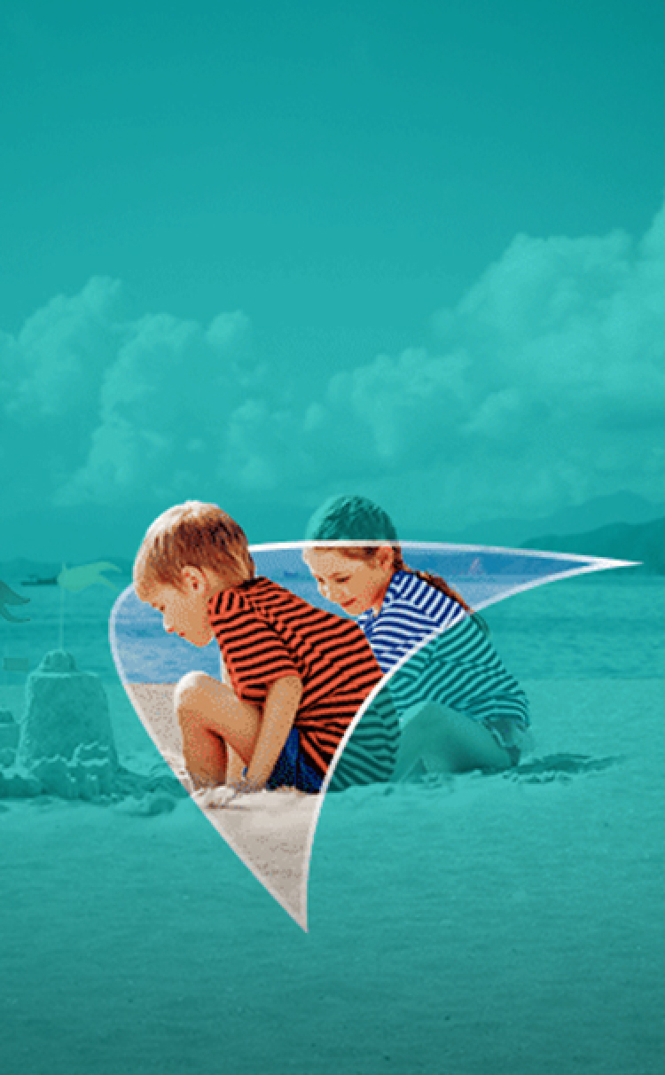 Picture of 2 children making a sandcastle on the beach. A liver shape appears behind them.