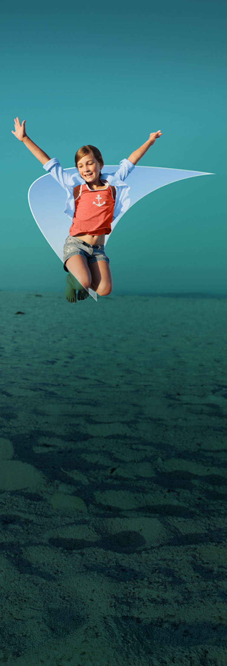 A girl jumping. A liver shape appears behind her.