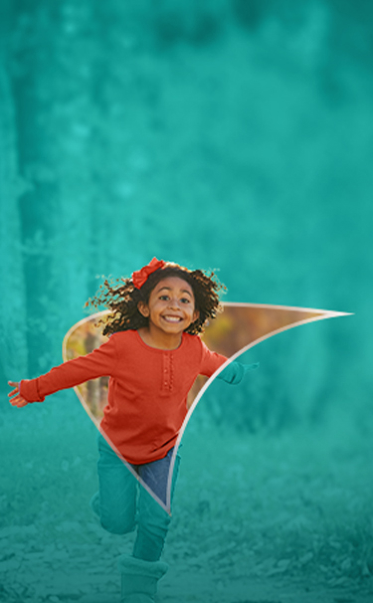 Picture of a child running. A liver shape appears behind her.