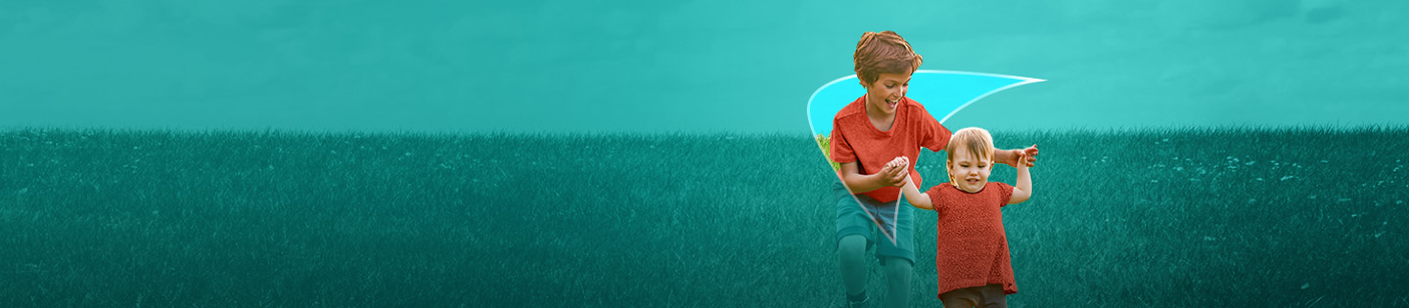 Picture of a little boy holding a toddler’s arms and helping him walk. A liver shape appears behind them.