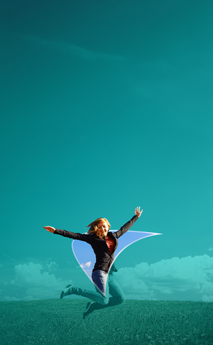 Picture of a girl jumping. A liver shape appears behind her.
