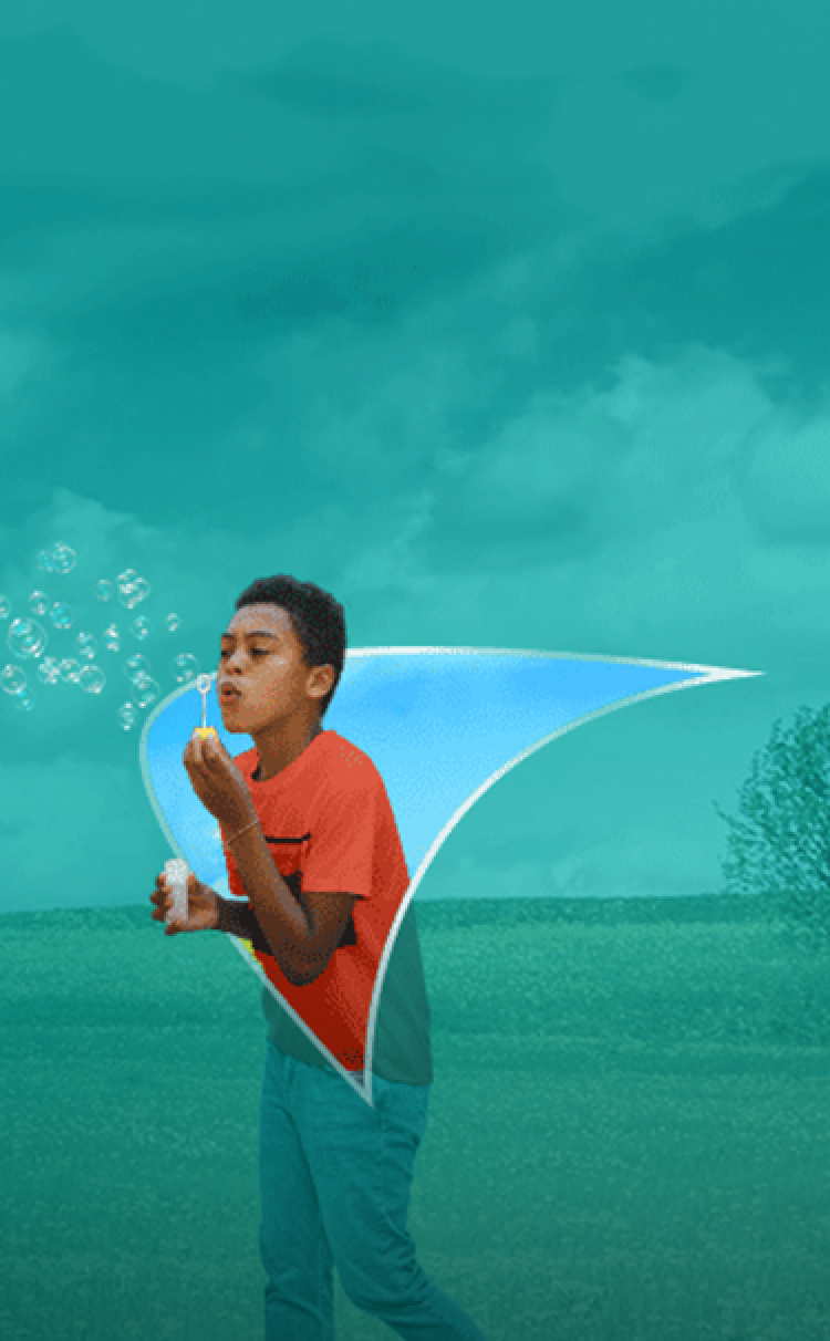 Picture of a child blowing bubbles. A liver shape appears behind him.