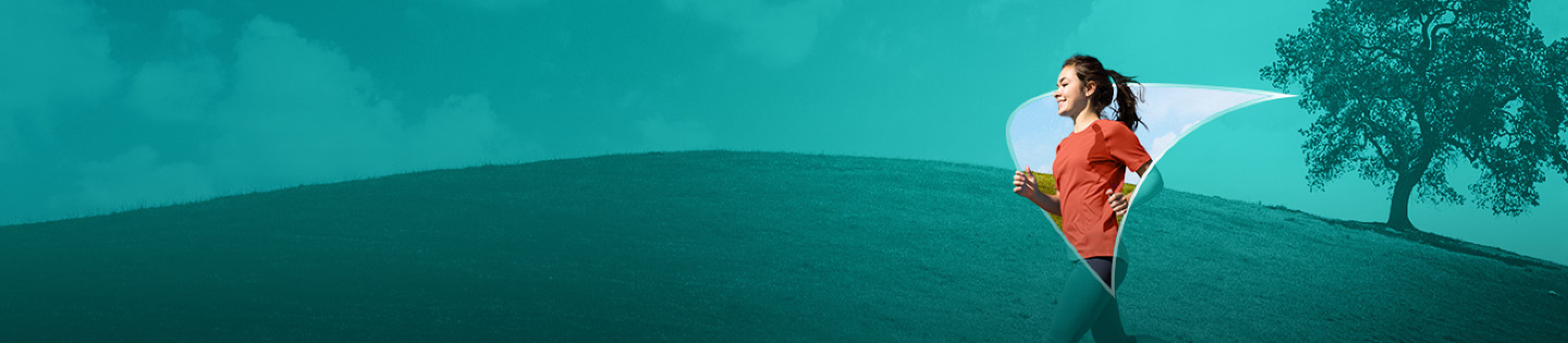 Picture of a young woman running. A liver shape appears behind her.