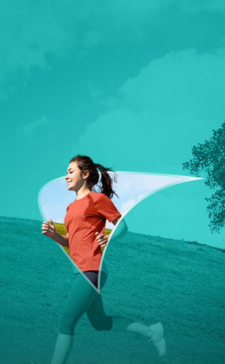 Picture of a young woman running. A liver shape appears behind her.