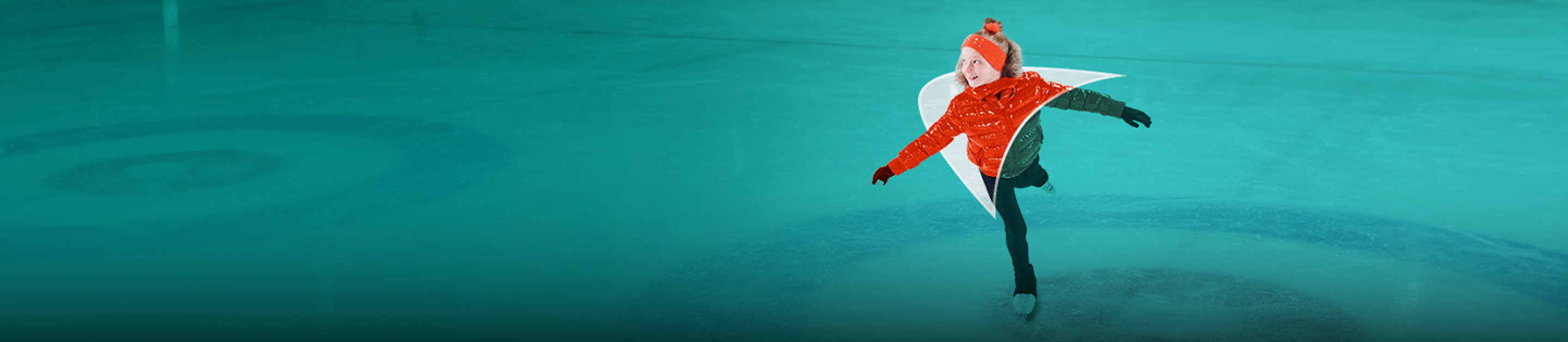 Picture of a young girl ice skating. A liver shape appears behind her.