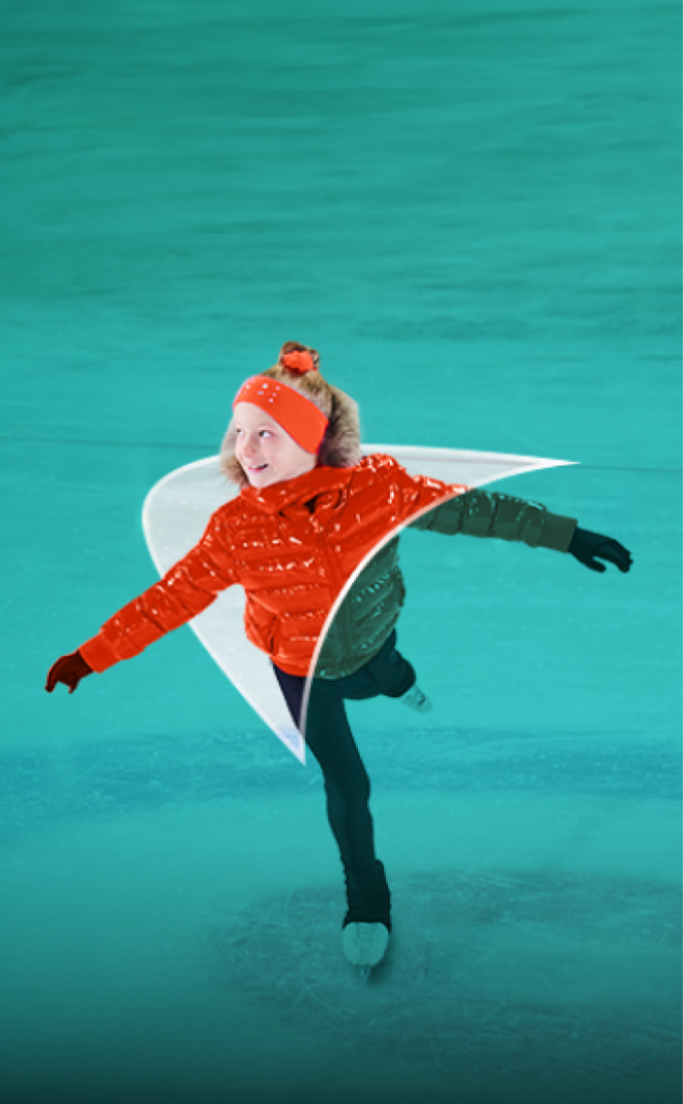 Picture of a young girl ice skating. A liver shape appears behind her.